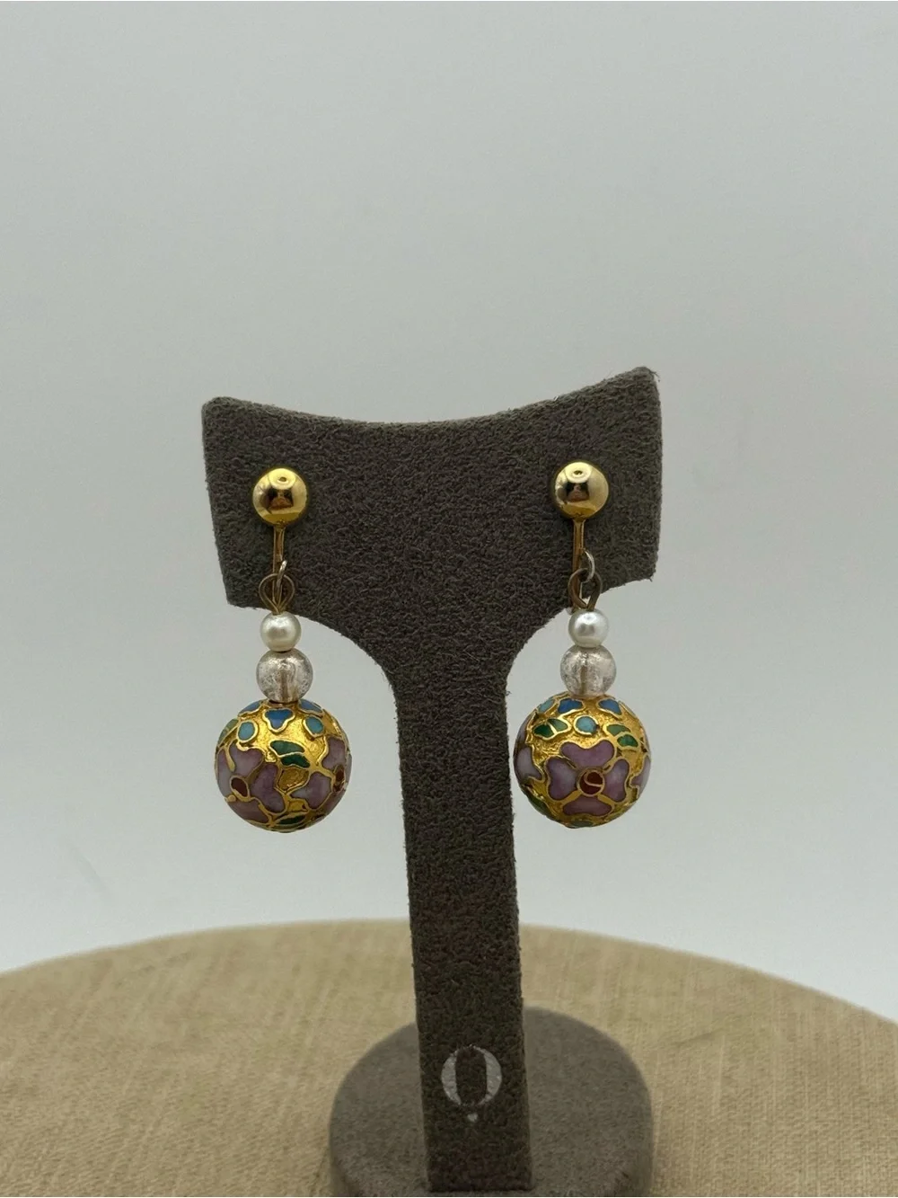 Vintage Gold-Tone Floral Cloisonné Drop Earrings with Pink and Green Accents